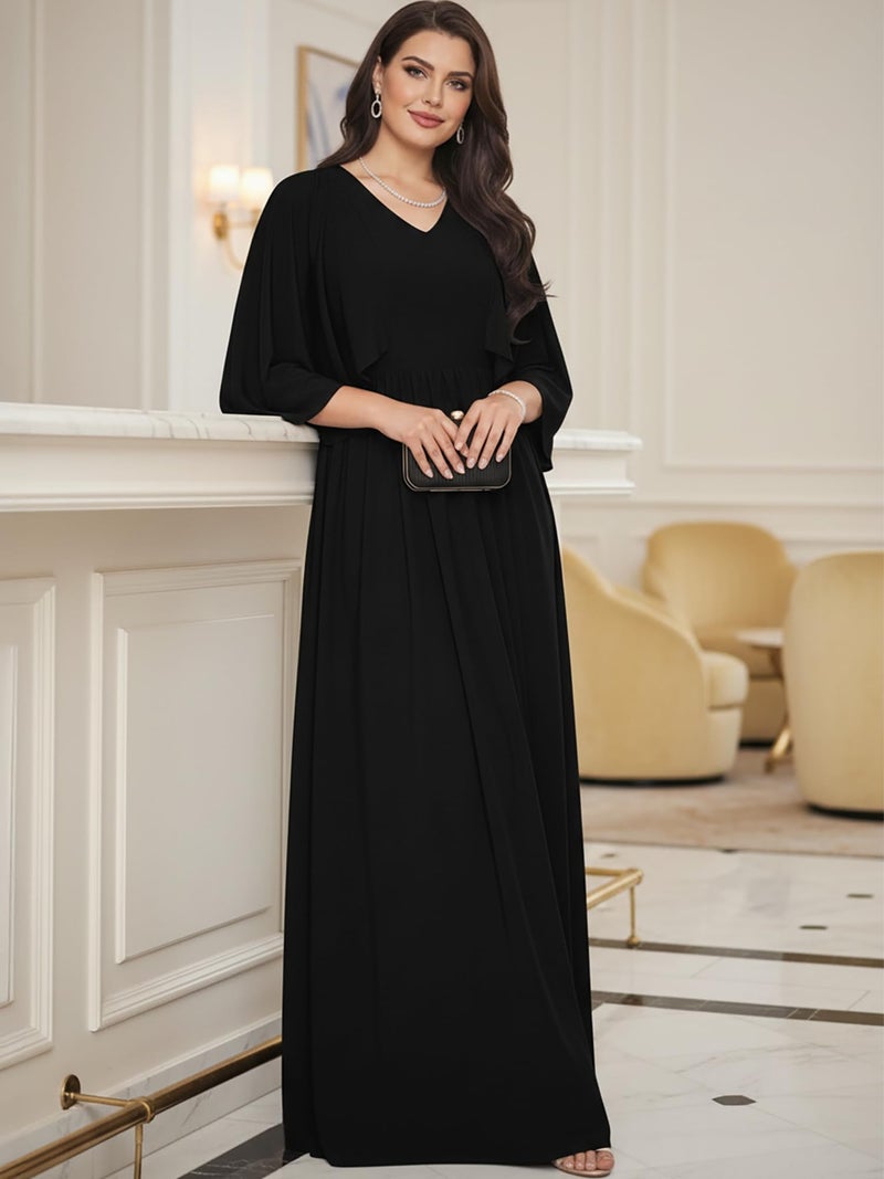 KOH KOH Plus Size Womens Long Sleeve Sleeves V-Neck Flowy Formal Casual Elegant Empire Evening Maternity Day Abaya Muslim Gown Gowns Maxi Dress Dresses, Black 2XL 18-20 - Image 5