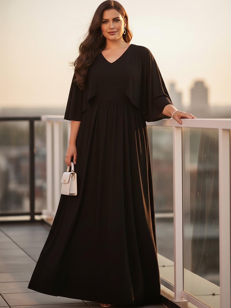KOH KOH Plus Size Womens Long Sleeve Sleeves V-Neck Flowy Formal Casual Elegant Empire Evening Maternity Day Abaya Muslim Gown Gowns Maxi Dress Dresses, Black 2XL 18-20 - Image 2