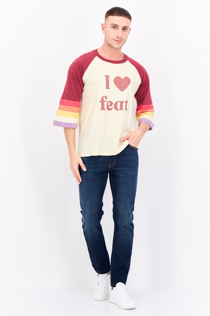 Feat Men Crew Neck 3/4 Sleeves Graphic Printed T-Shirt, Beige - Image 4