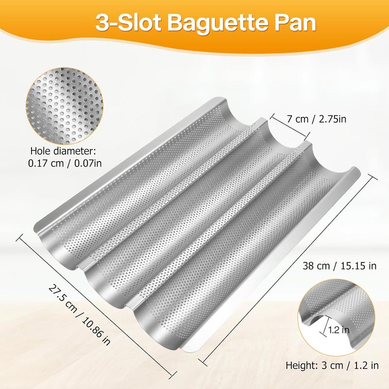 Barlket Baguette Bread Pan Set of 2, Silver Baguette Tray Perforated, Nonstick French Bread Baking Pan 3 Loaves, Oven Baking Gifts for Home Baker - Image 4