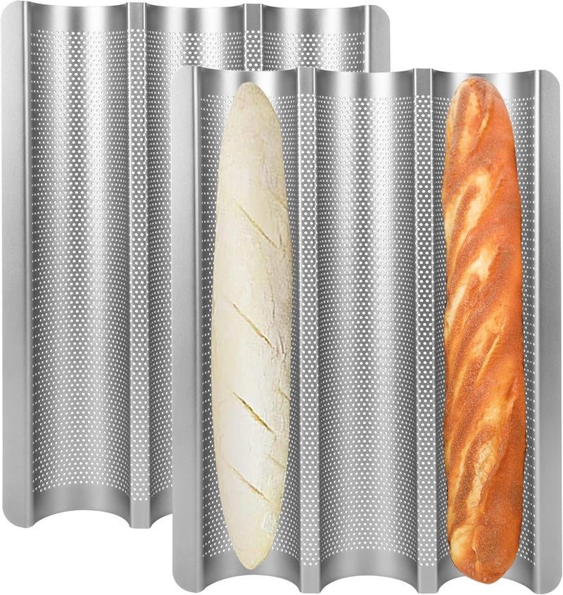 Barlket Baguette Bread Pan Set of 2, Silver Baguette Tray Perforated, Nonstick French Bread Baking Pan 3 Loaves, Oven Baking Gifts for Home Baker - Image 1