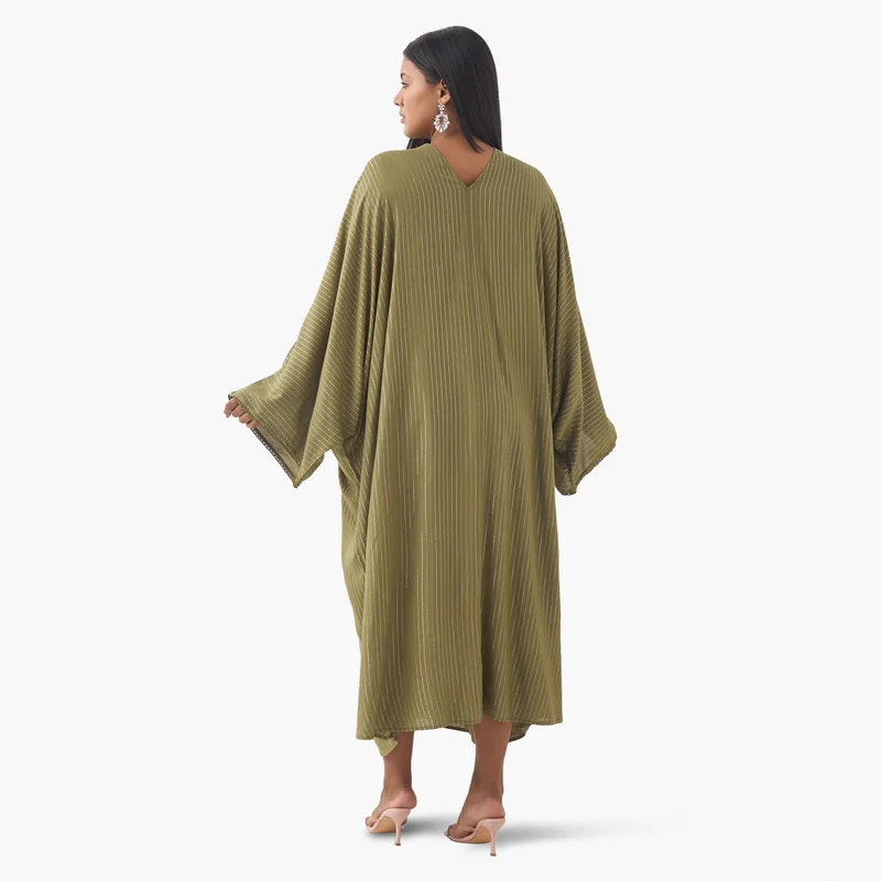Ulla Popken Plus Size Ulla Popken Floral Embellished Kaftan Dress with Tie-Up Neck