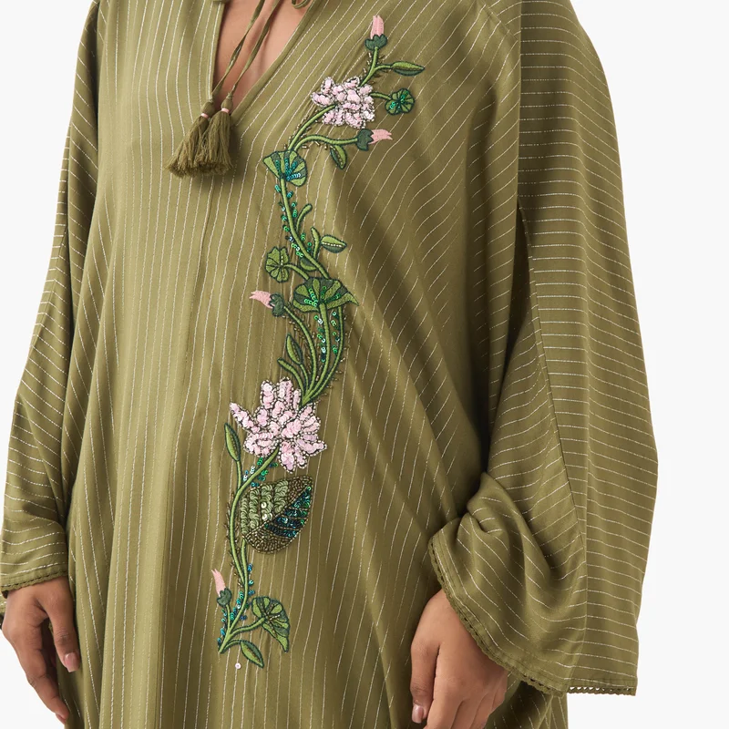 Ulla Popken Plus Size Ulla Popken Floral Embellished Kaftan Dress with Tie-Up Neck