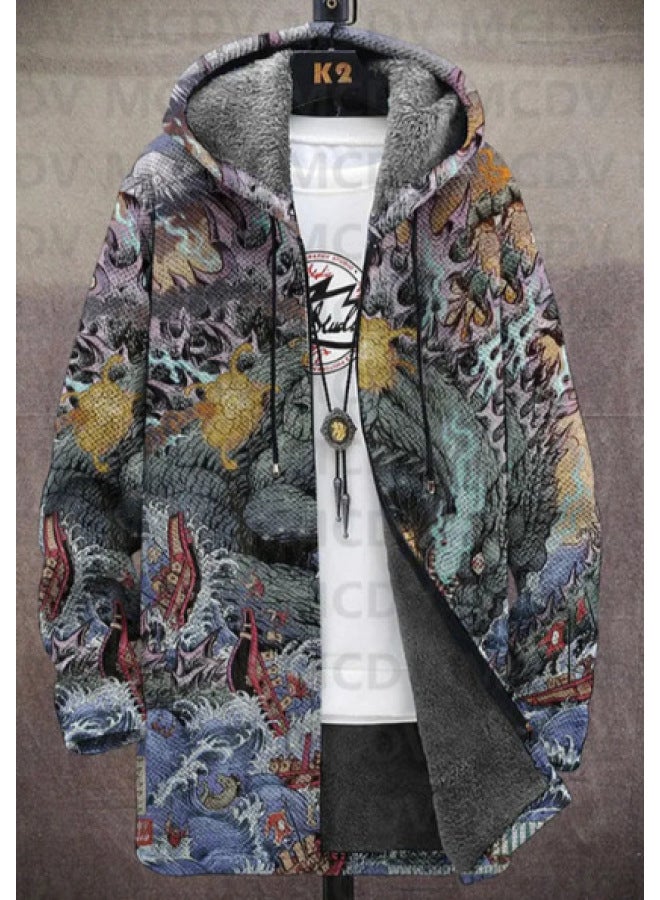 سترة رجالية شتوية مطبوعة مبطنة بالفروق السميكة، مقاومة للريح، طويلة الأكمام ذات السستير، مخططة ذات الغطاء فضفاضة