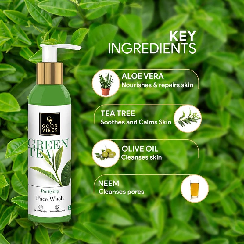 Good Vibes Green Tea Purifying Face Wash 120 ml Helps Prevent Acne Dirt Removal Deep Cleansing Natural Antioxidants Formula for All Skin Types No Parabens Mineral Oil - Image 2