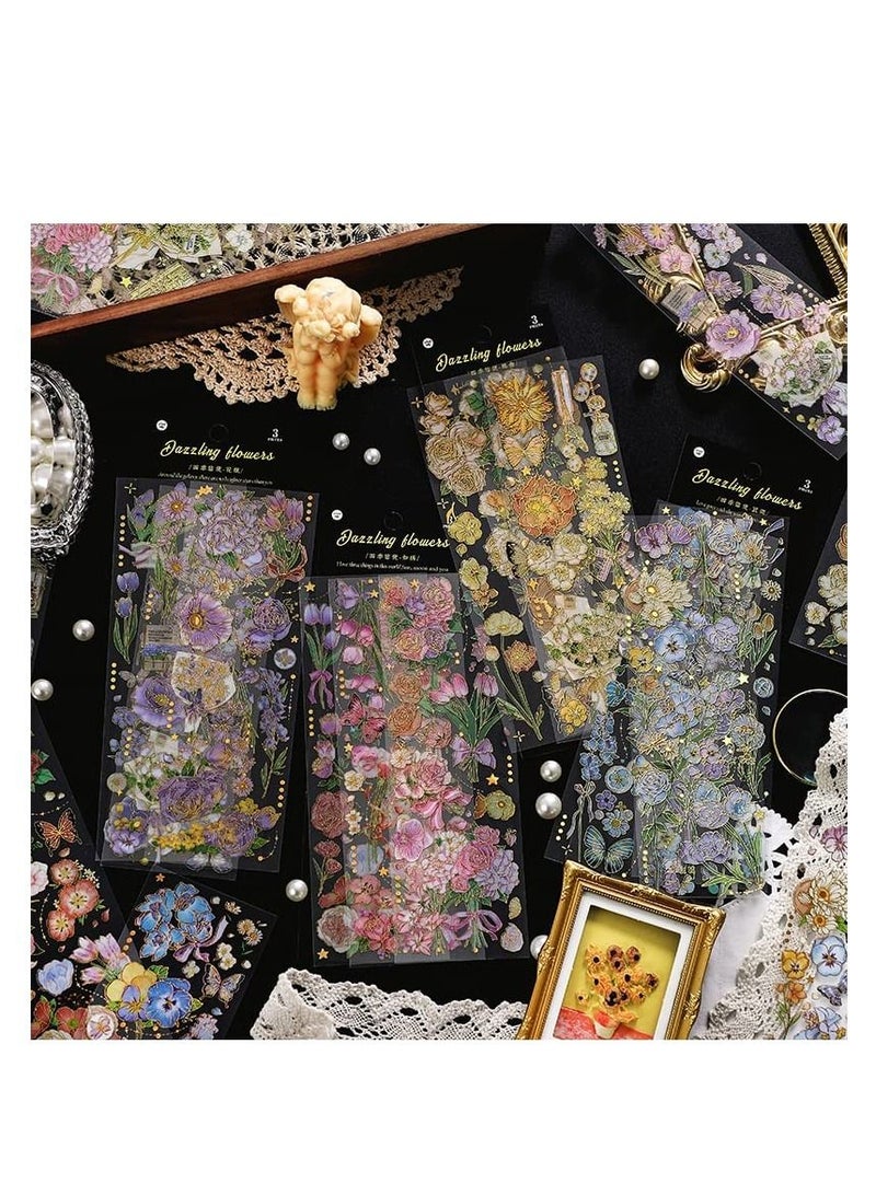 SYOSI Flower Stickers Aesthetic Holographic for Journal Vintage Scrapbooking Decorative Butterfly Set Transparent Waterproof Plant Water Bottles Laptop Phone 12 Sheets - Image 1