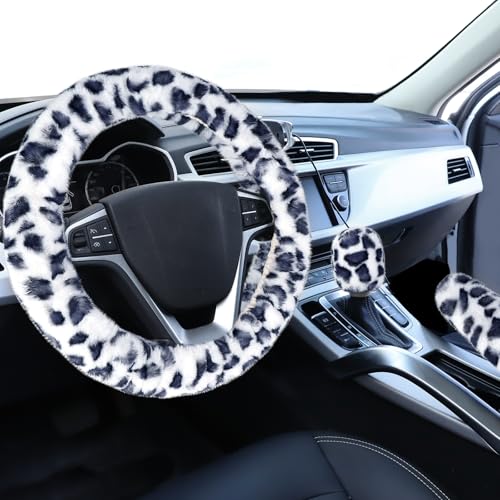 Accmor Fuzzy Car Steering Wheel Cover Universal Fit Fur Auto Wheel Cover Handbrake Cover Gear Shift Cover Set Leopard Winter Warm Fluffy Vehicle Wheel Protector Car Accessories for Men Women - Image 1