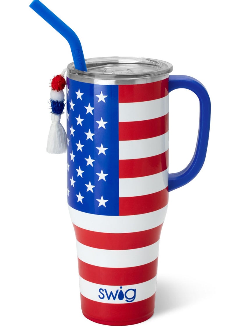 Swig Life 40oz Mega Mug 40 oz Tumbler with Handle and Straw Cup Holder Friendly Dishwasher Safe Extra Large Insulated Tumbler Stainless Steel All American