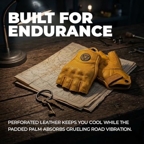 mjmoto Classic Vintage Perforation Leather Motorcycle Gloves Half Finger Protected Moto Motocross Racing Glove Fingerless Summer Yellow YellowHole Medium - Image 3