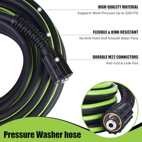 RainBello Pressure Washer Hose 1/4" × 25FT - 3200 PSI Heavy Duty Power Washer Replacement with M22-14mm Fittings Kink-Resistant Flexible Water Hose for Electric & Gas Washers - Image 3