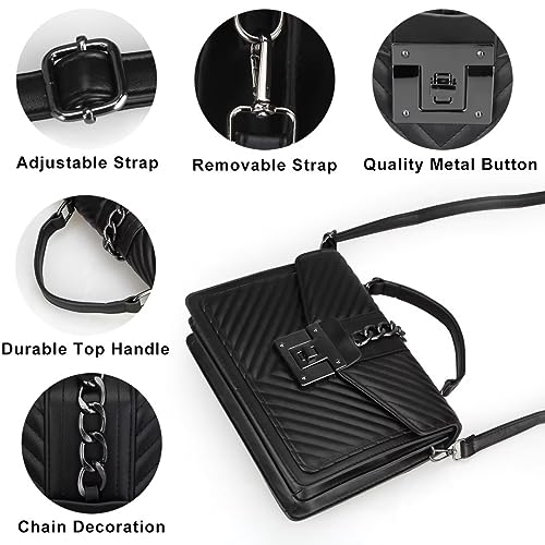 Voikukka Women's Top Handle Bag with Strap Quilted Crossbody Bags Designer Handbags for Women Black Leather Cross body Purse Luxury Satchel Purses Flap Shoulder Bag - Image 4