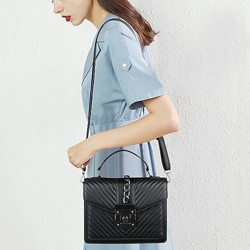 Voikukka Women's Top Handle Bag with Strap Quilted Crossbody Bags Designer Handbags for Women Black Leather Cross body Purse Luxury Satchel Purses Flap Shoulder Bag - Image 2