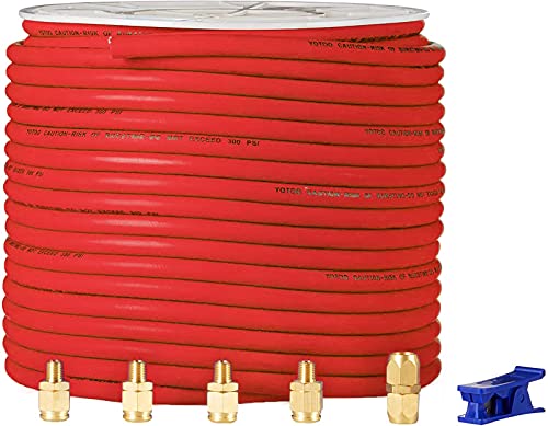YOTOO Hybrid Air Hose 3/8-Inch by 250-Feet 300 PSI Heavy Duty, Lightweight, Kink Resistant, All-Weather Flexibility with 5pcs Solid Brass Repair Fittings, Red - Image 1
