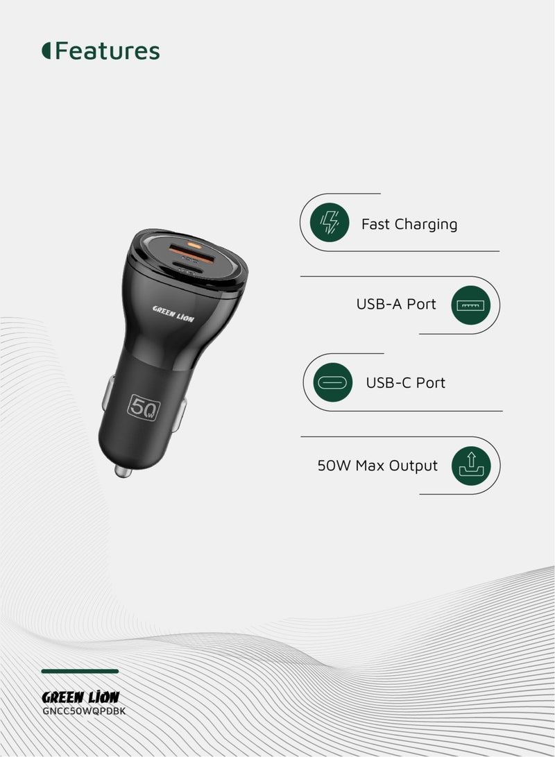 GREEN LION 50W Dual Port QC 20W Car Charger PD 30W / USB-A & USB-C / Fast Charging / PC Flame Retardant Material - Black - Image 2