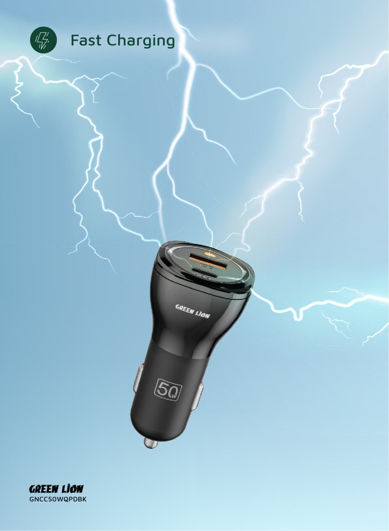 GREEN LION 50W Dual Port QC 20W Car Charger PD 30W / USB-A & USB-C / Fast Charging / PC Flame Retardant Material - Black - Image 3