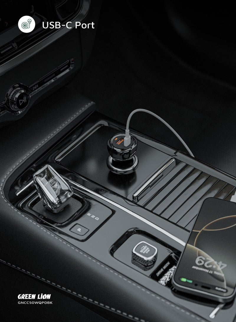 GREEN LION 50W Dual Port QC 20W Car Charger PD 30W / USB-A & USB-C / Fast Charging / PC Flame Retardant Material - Black - Image 4