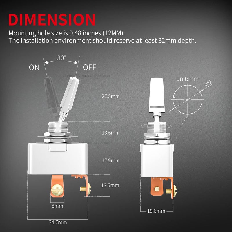 DAIERTEK Heavy Duty 50 Amp 12V Toggle Switch Automotive 2 Position ON Off Rocker Switch SPST 2 Pin Metal Chrome Plated Screw Terminal (2pcs) - Image 3
