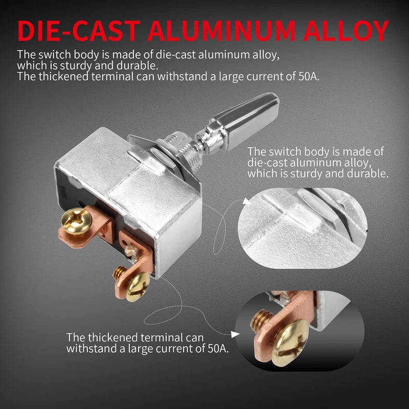 DAIERTEK Heavy Duty 50 Amp 12V Toggle Switch Automotive 2 Position ON Off Rocker Switch SPST 2 Pin Metal Chrome Plated Screw Terminal (2pcs) - Image 4