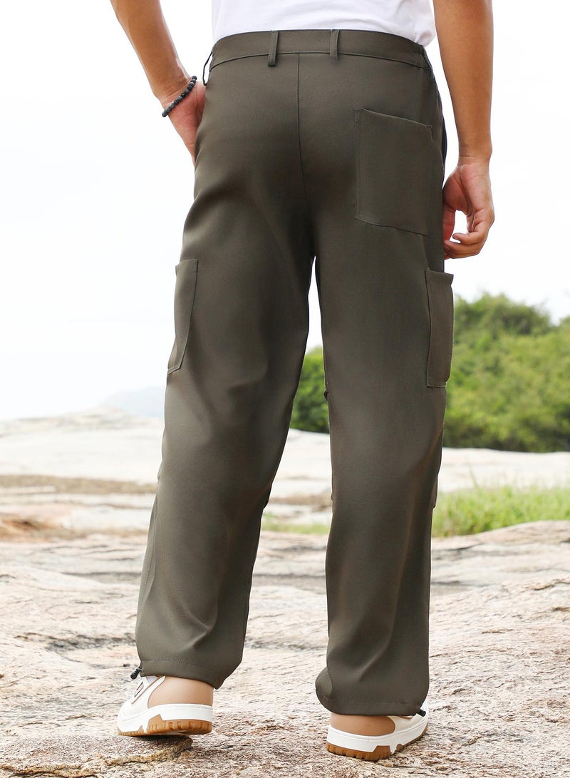 Campus Sutra Campus Sutra Men's Olive Green Utility Relaxed Trousers | Mid-Rise , Straight Hem , Button Closure | Solid Plain | Polyester Blend Trousers For Casual Wear - Image 5