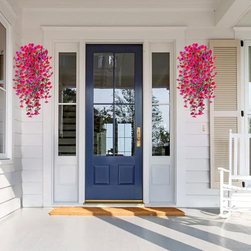 Hrobek Artificial Hanging Petunias Flowers for Outdoor, 2pcs Fake Plants Long Vine Morning Glory Eucalyptus, UV Resistant Realistic Faux Greenery Outside Patio Porch Garden Spring Decor, Purple Hot Pink - Image 3