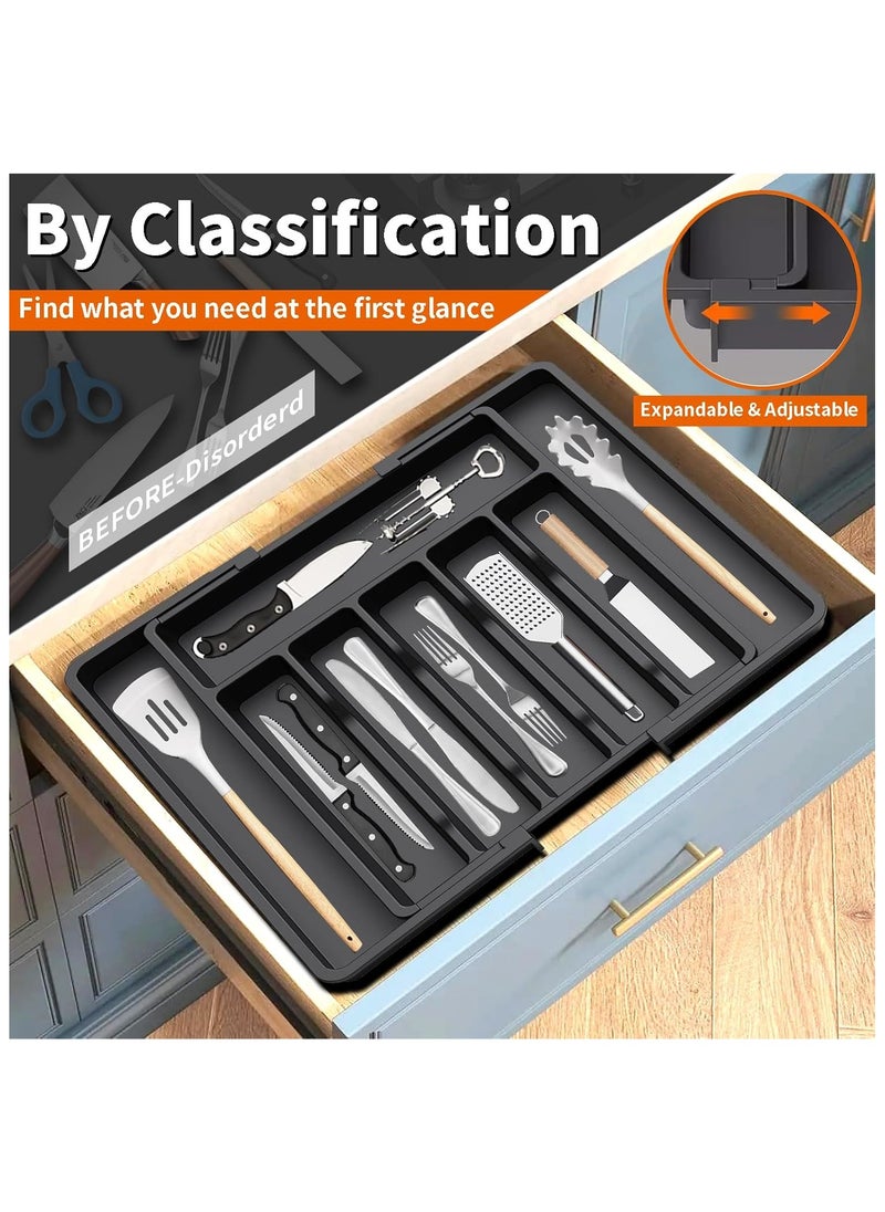 Yoawllty Utensil Organizer, Cutlery Drawer Organizer, Expandable Utensil Tray for Kitchen, Adjustable Silverware and Flatware Holder, Large Compact Plastic Storage for Spoons Forks Knives (Black)  - Image 1