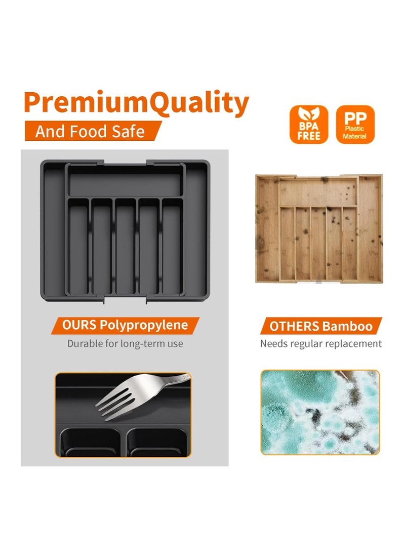 Yoawllty Utensil Organizer, Cutlery Drawer Organizer, Expandable Utensil Tray for Kitchen, Adjustable Silverware and Flatware Holder, Large Compact Plastic Storage for Spoons Forks Knives (Black)  - Image 4