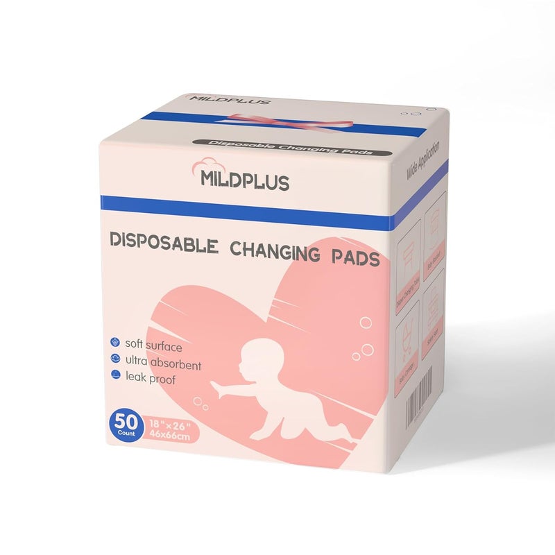 MILDPLUS Disposable Changing Pads(50 Pack),Baby Disposable Underpad,Waterproof & Absorbent Diaper Changing Pad,Breathable Underpads,Bed Table Protector Mat,18 Inches x 26 Inches - Image 1