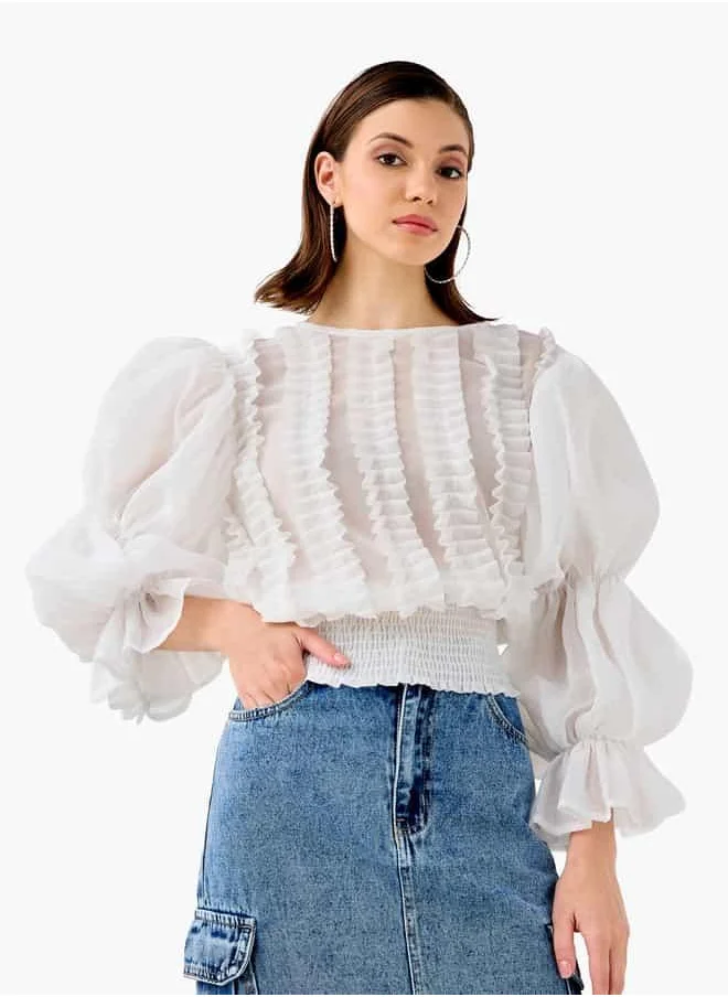 تواكستريمز 2Xtremz Ruffle Detail Top with Round Neck and Long Sleeves