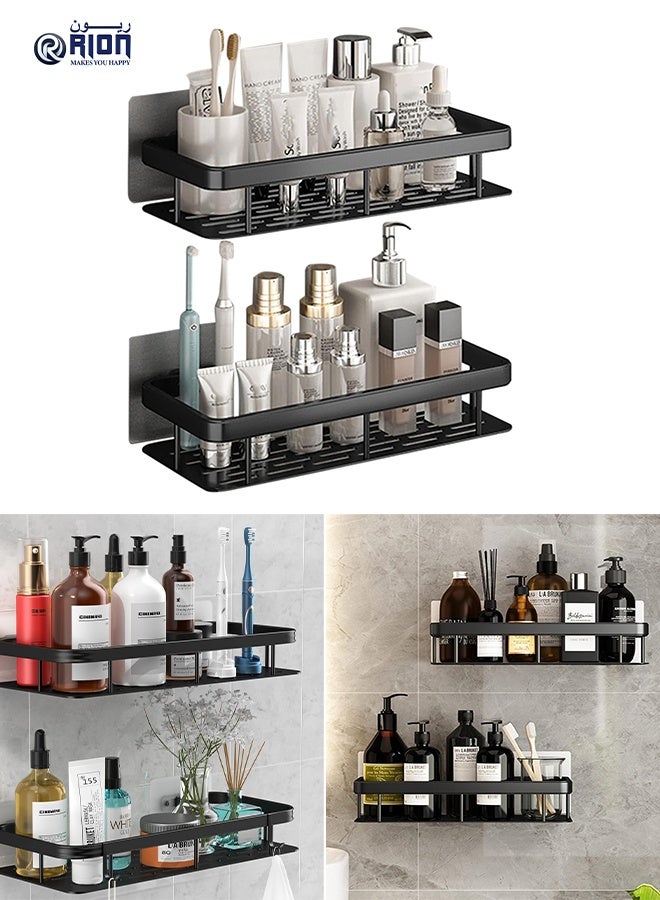 RION 2-Pack Wall Mounted Shower Caddy, Rustproof Aluminum Bathroom Shelf Organizer with Hooks, Drill-Free Adhesive Storage Rack for Shampoo, Soap & Accessories – Black - Image 1