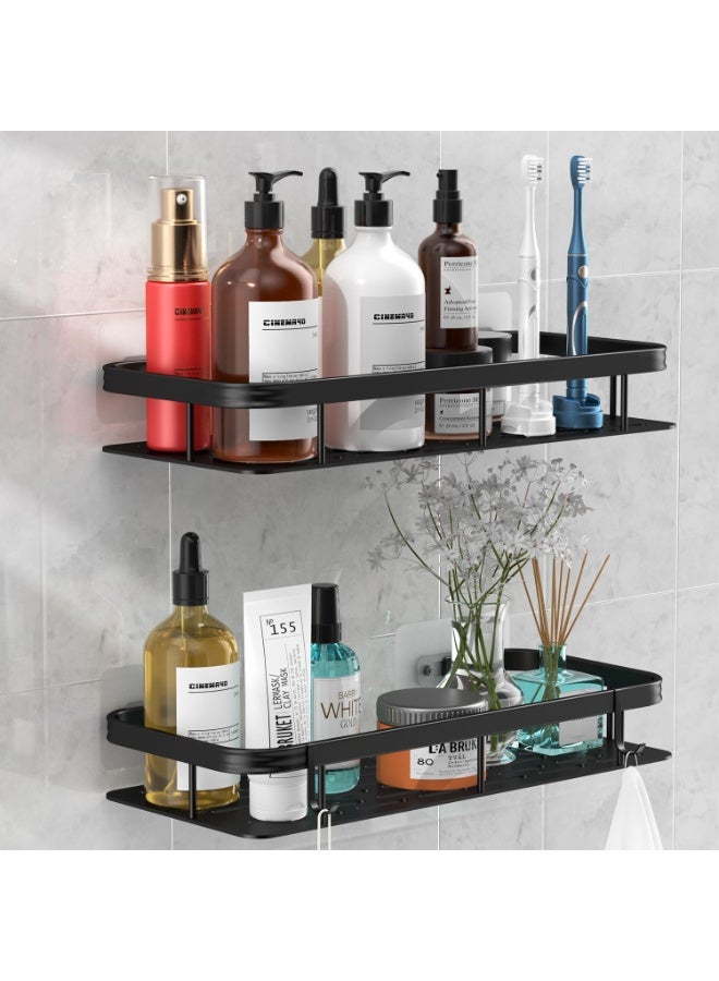 RION 2-Pack Wall Mounted Shower Caddy, Rustproof Aluminum Bathroom Shelf Organizer with Hooks, Drill-Free Adhesive Storage Rack for Shampoo, Soap & Accessories – Black - Image 3