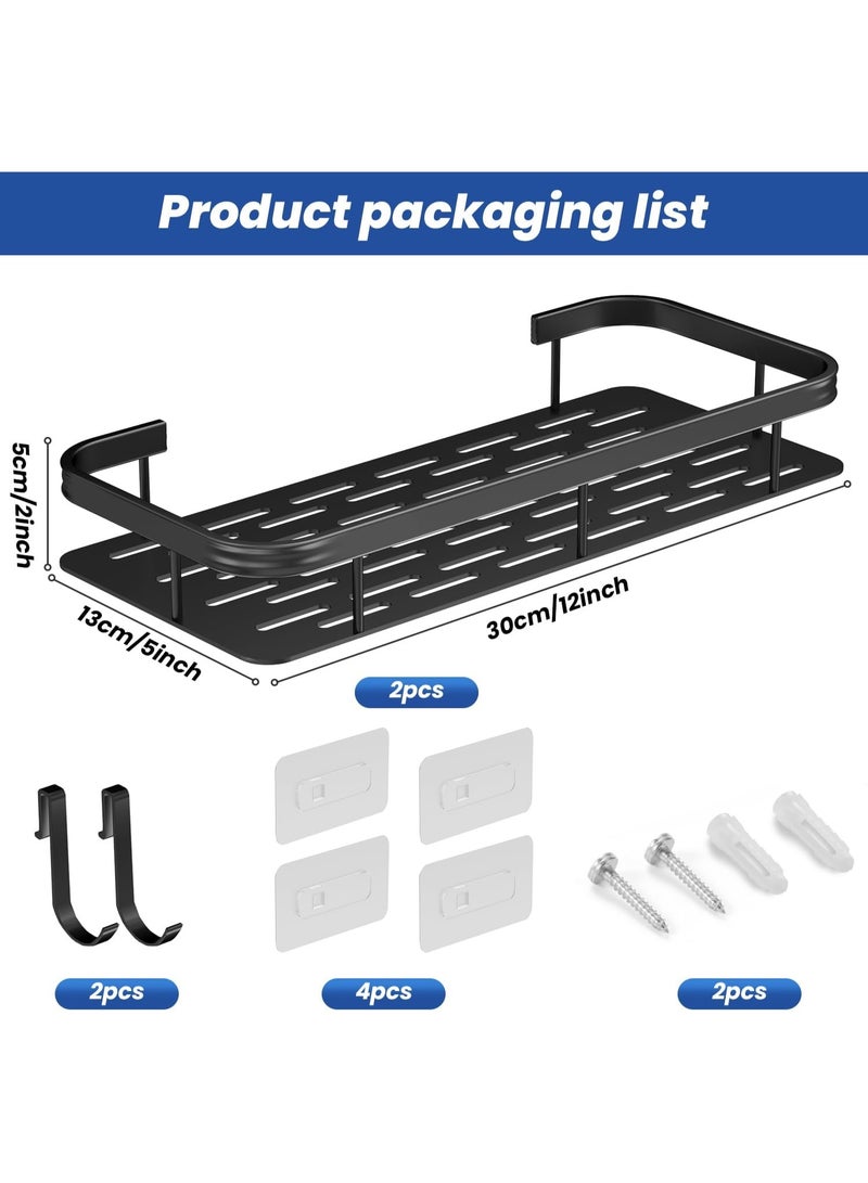RION 2-Pack Wall Mounted Shower Caddy, Rustproof Aluminum Bathroom Shelf Organizer with Hooks, Drill-Free Adhesive Storage Rack for Shampoo, Soap & Accessories – Black - Image 2