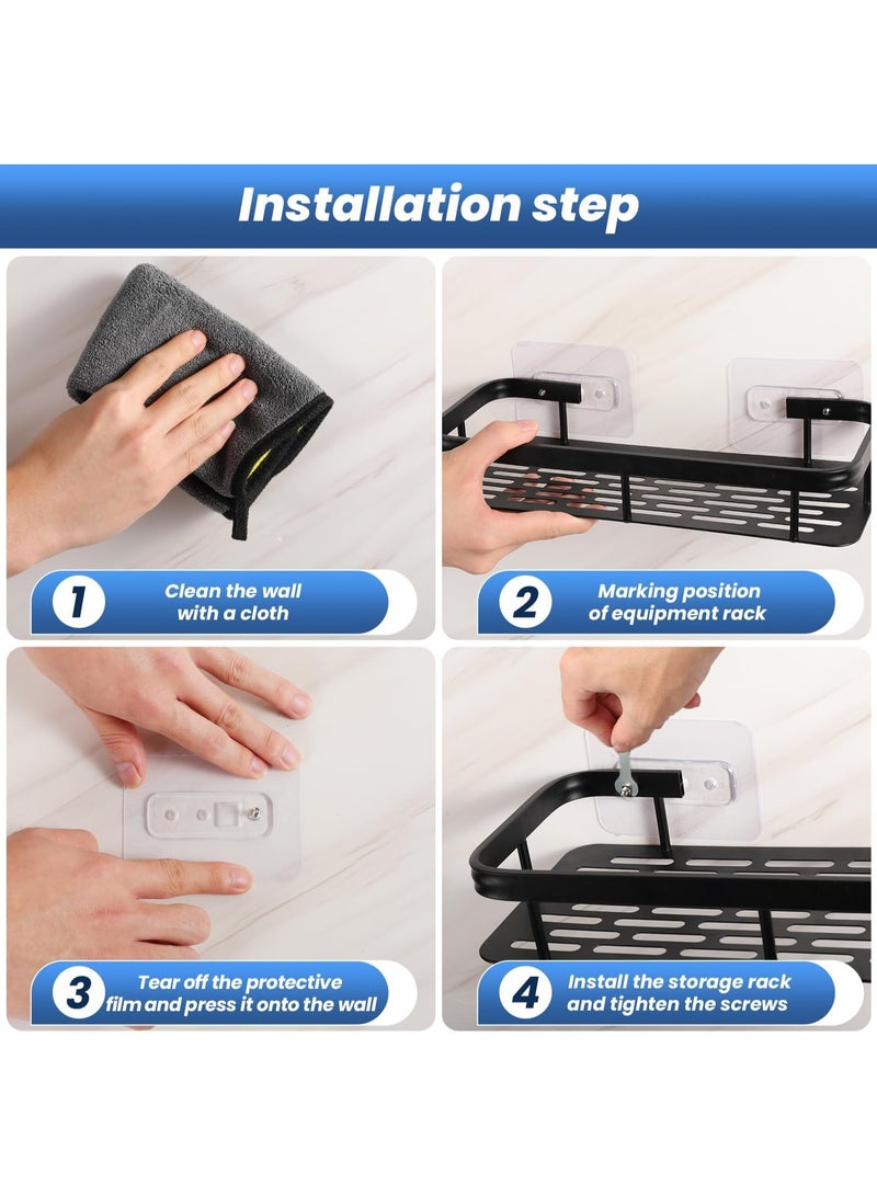 RION 2-Pack Wall Mounted Shower Caddy, Rustproof Aluminum Bathroom Shelf Organizer with Hooks, Drill-Free Adhesive Storage Rack for Shampoo, Soap & Accessories – Black - Image 5