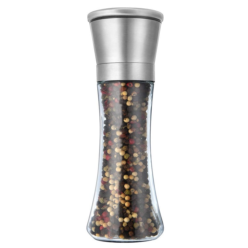Pepper Grinder or Salt Grinder Best Spice Mill with Ceramic Blades Adjustable Coarseness Brushed Stainless Steel Cap and Refillable Tall Glass Body with 6OZ Capacity 75