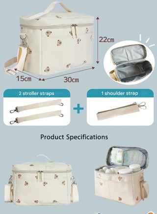 حقيبة حفاضات الأطفال، حقيبة تنظيم عربة الأطفال، حقيبة حمل للأمهات المرضعات، أنيقة، متينة للحفاضات، زجاجة الرضاعة، بيضاء - view 2