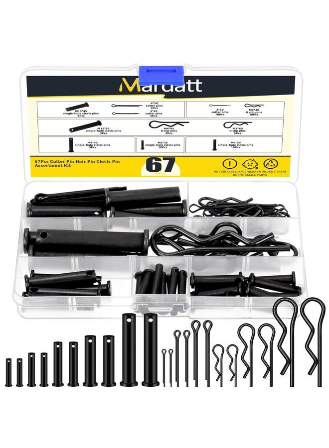 Mardatt 67Pcs Carbon Steel Clevis Pin Cotter Pin R Pin Assortment Kit, Include 5 Sizes M5 M6 M8 M10 M12 Flat Head Single Hole Clevis Pins and M2 M3 M4 Split Cotter Pins/ R Clips - Image 1