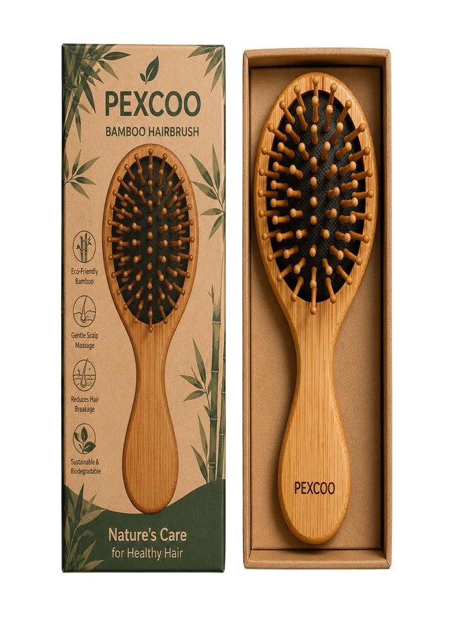 PEXCOO فرشاة شعر صغيرة بشعيرات الخنزير البري للشعر الكثيف والمجعد والخفيف والطويل والقصير، سواء كان رطبًا أو جافًا، لفك التشابك وتدليك الشعر وإضافة اللمعان. فرشاة شعر خشبية صغيرة الحجم مناسبة للسفر، للرجال والنساء والأطفال. - Image 1