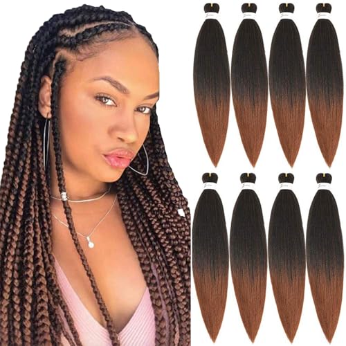 صفقة 8 حزم شعر ضفائر مسبقة الشد 8 حزم 24 بوصة شعر ضفائر أومبري بني شعر يكي مستقيم مسبق الشد EZ ضفائر إعداد بالماء الساخن أومبري أروبرن احترافي ناعم حزم شعر صناعي