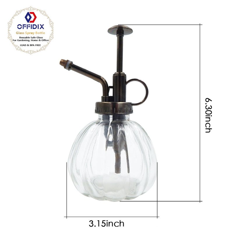 OFFIDIX Transparent Glass Watering Spray Bottle, 6.3 Inches Tall Vintage Style with Bronze Plastic Top Pump One Hand Plant Mister Glass Watering Can Indoor - Image 2