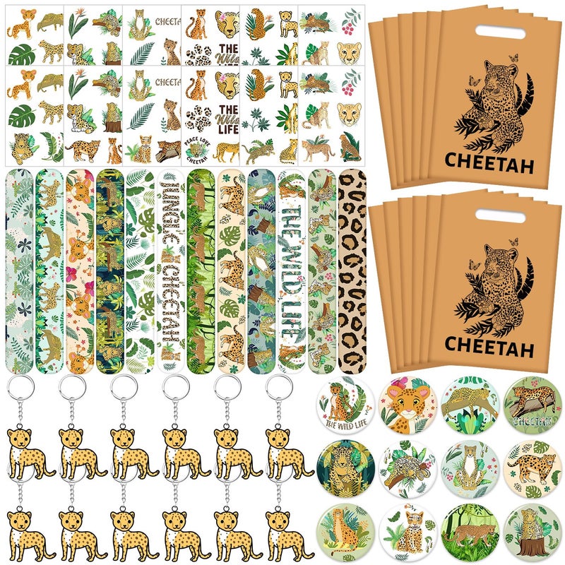Lcnjscgo Cheetah Party Favors Cheetah Theme Slap Bracelets Key Chains Badge Temporary Tattoos Gift Bags for Kids Jungle Leopard Cheetah Birthday Party Baby Shower Safari Party Supplies - Image 3