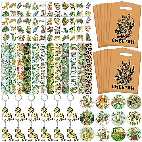 Lcnjscgo Cheetah Party Favors Cheetah Theme Slap Bracelets Key Chains Badge Temporary Tattoos Gift Bags for Kids Jungle Leopard Cheetah Birthday Party Baby Shower Safari Party Supplies - Image 1