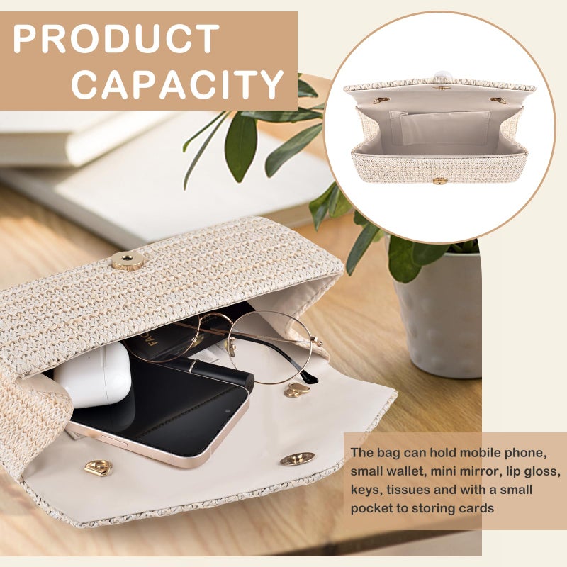 PACETAP Straw Clutch Purse for Women, Pearl Decoration Boho Crossbody Bags, Evening Clutch Purses Handbags for Wedding Party Cocktail Prom Dinner(Beige white) - Image 5