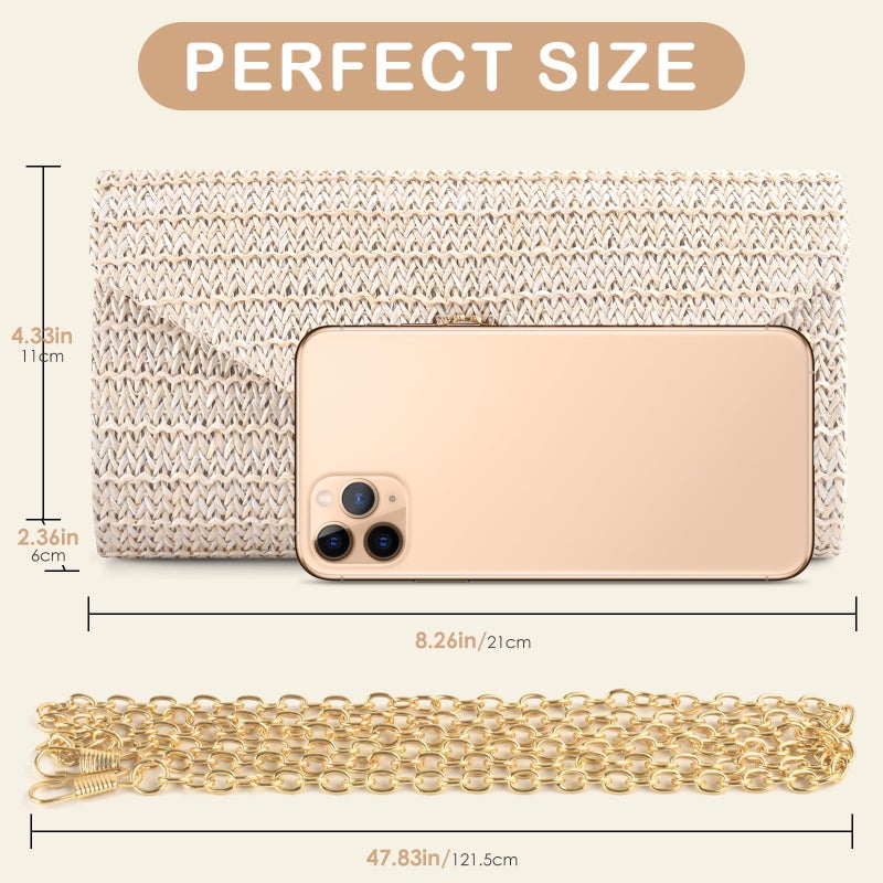 PACETAP Straw Clutch Purse for Women, Pearl Decoration Boho Crossbody Bags, Evening Clutch Purses Handbags for Wedding Party Cocktail Prom Dinner(Beige white) - Image 3