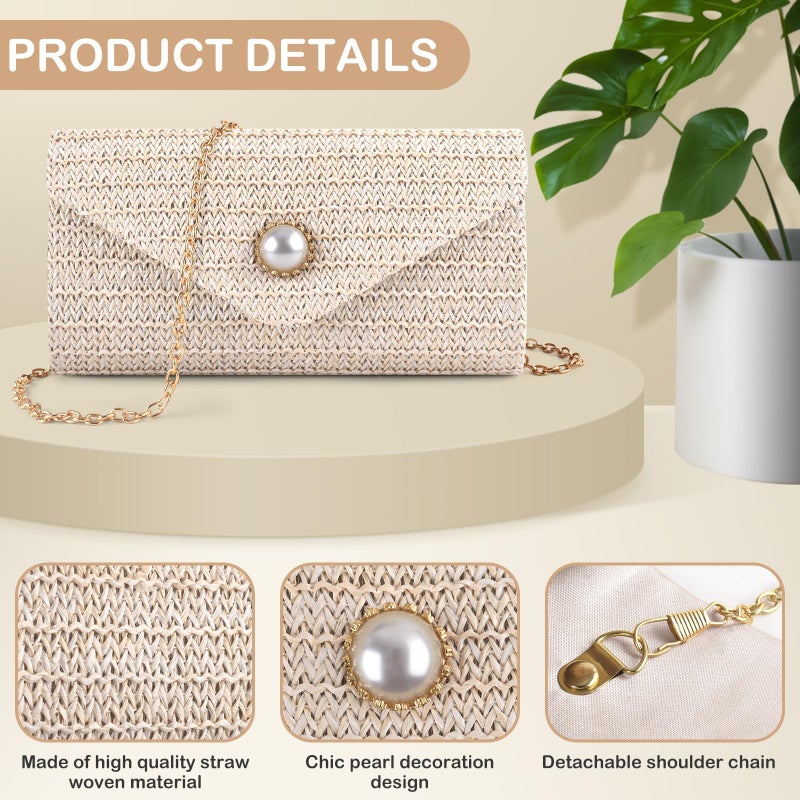 PACETAP Straw Clutch Purse for Women, Pearl Decoration Boho Crossbody Bags, Evening Clutch Purses Handbags for Wedding Party Cocktail Prom Dinner(Beige white) - Image 4