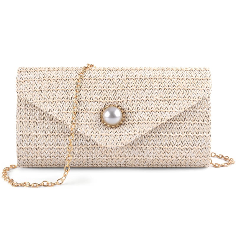 PACETAP Straw Clutch Purse for Women, Pearl Decoration Boho Crossbody Bags, Evening Clutch Purses Handbags for Wedding Party Cocktail Prom Dinner(Beige white) - Image 1