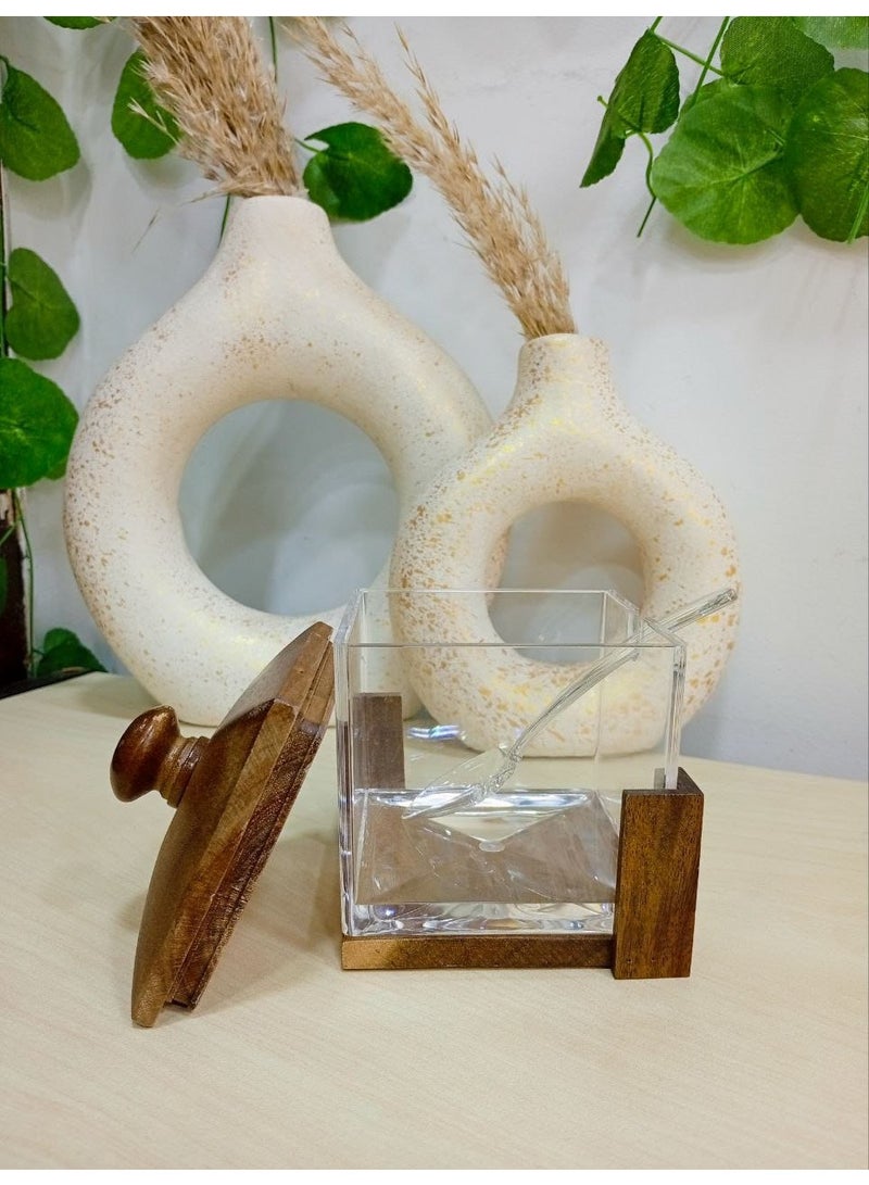 Acrylic sugar bowl on a wooden stand Shatterproof acrylic sugar bowl Square shape High-quality wooden stand and lid Includes an acrylic spoon - Image 2