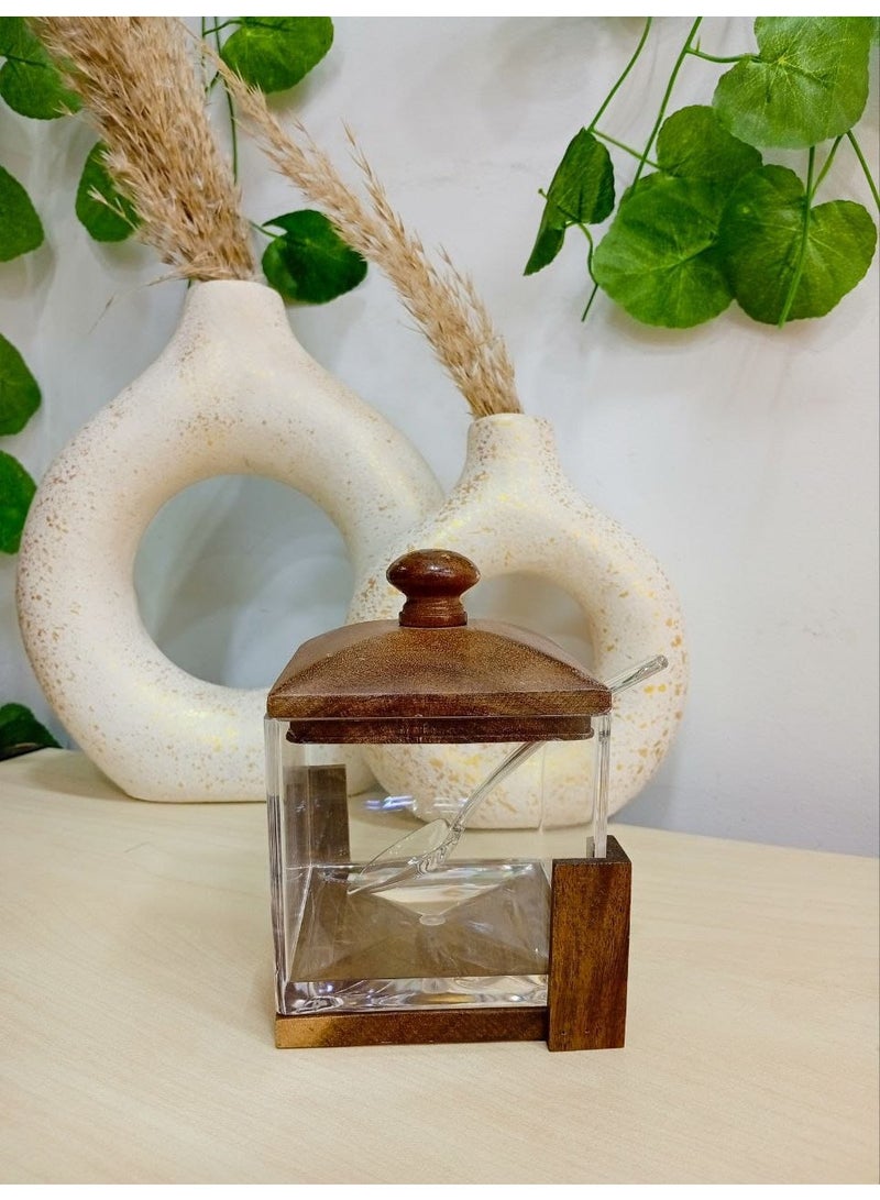 Acrylic sugar bowl on a wooden stand Shatterproof acrylic sugar bowl Square shape High-quality wooden stand and lid Includes an acrylic spoon - Image 1