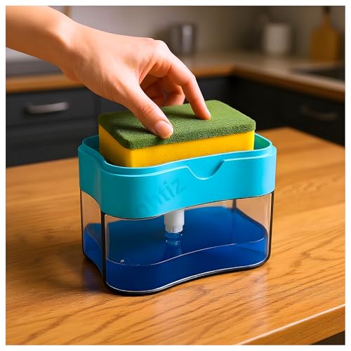 Eightiz 2 in 1 Soap Dispenser for Bathroom Accessories Dishwasher Liquid Holder Liquid Dispenser Pump 400 ML with Sponge Holder Kitchen Sink Accessories Items (Multi-Color) - Image 1