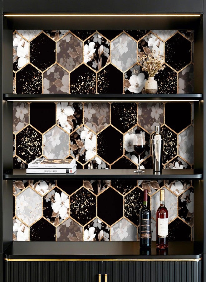 ReWallpaper Geometric Peel and Stick Wallpaper Black and White Floral Hexagon Wallpaper Removable Waterproof Gold Geometric Contact Paper for Cabinets Shelf Kitchen Bedroom Living Room 17.5in x 10ft - Image 4