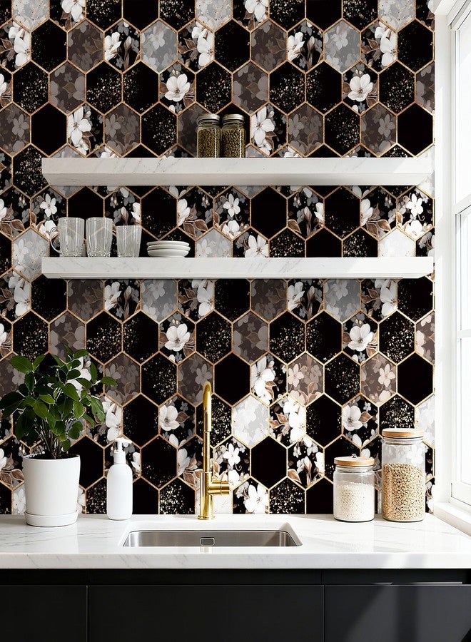 ReWallpaper Geometric Peel and Stick Wallpaper Black and White Floral Hexagon Wallpaper Removable Waterproof Gold Geometric Contact Paper for Cabinets Shelf Kitchen Bedroom Living Room 17.5in x 10ft - Image 2