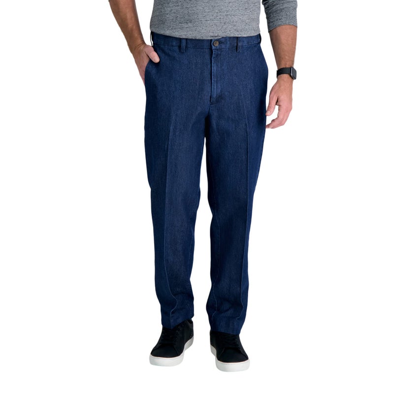 Haggar Men's Stretch Denim Expandable Waist Classic Fit Flat Front Pant, Medium Blue, 38Wx31L - Image 4